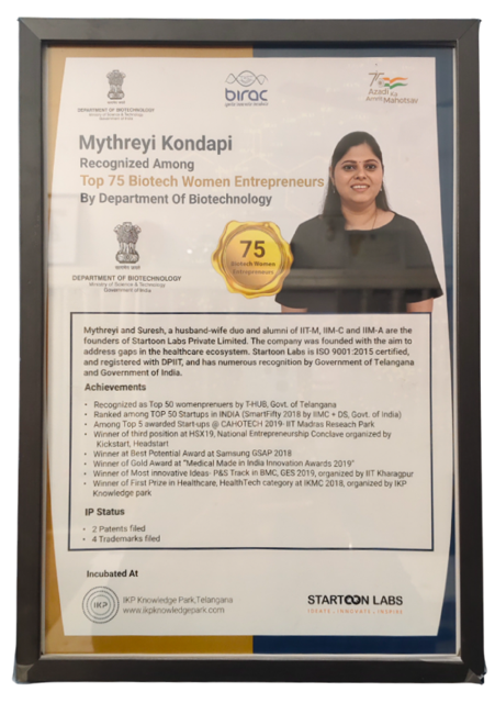 Mythrei Kondapi amongst the top 75 Entrepreneurs recognized by Department of Biotechnology, Govt. of India.
