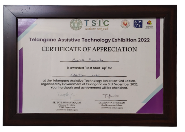 Best Start-up - Telangana Assistive Technology Exhibition, Dept of ITE&C Gov. of Telangana. 